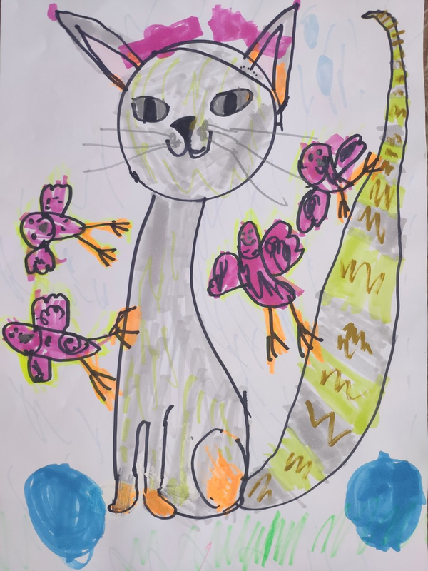 Детский рисунок - Волшебный сон про кота