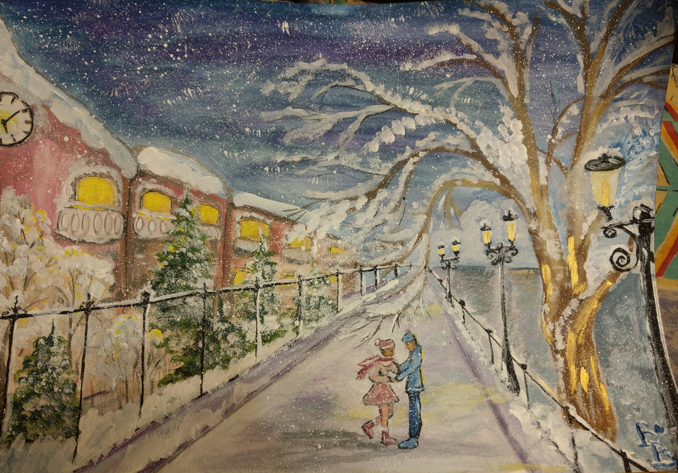 Детский рисунок - Московский дворик под снегопадом