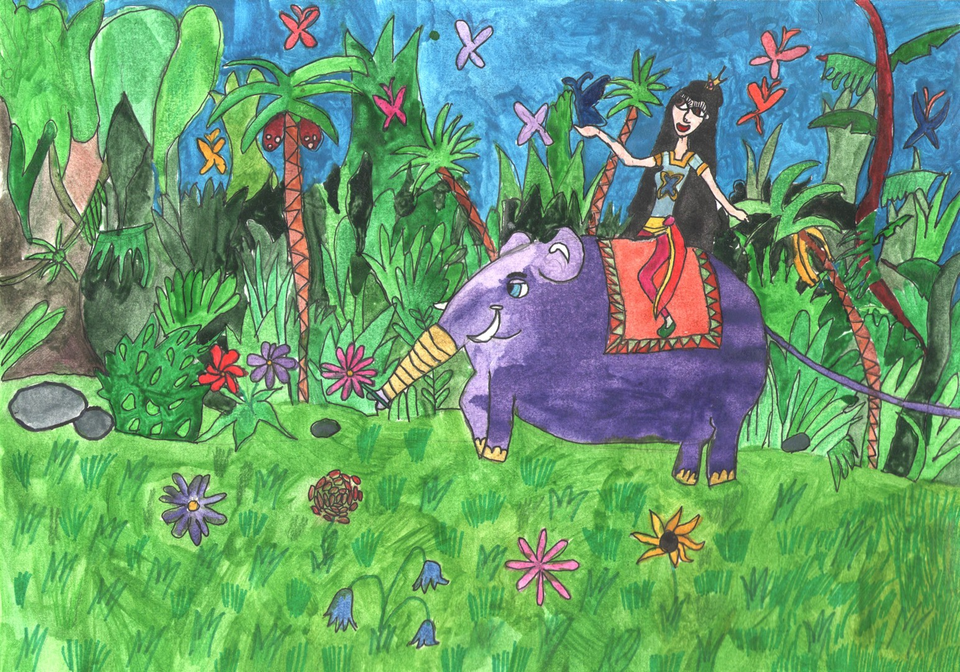 Детский рисунок - Принцесса и Верный Слоник