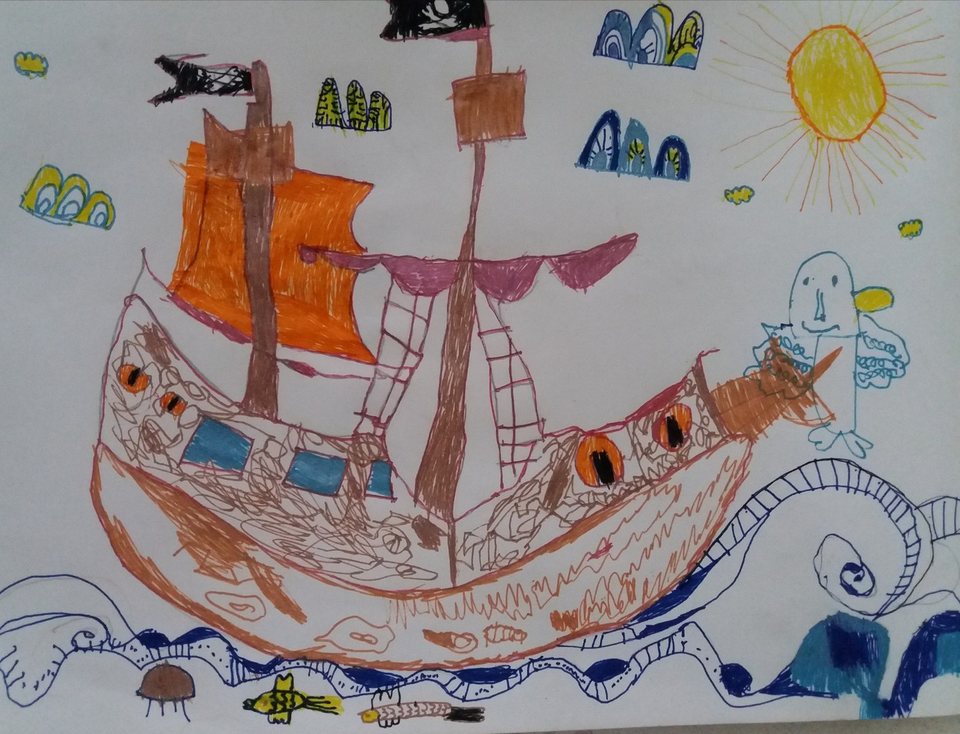 Детский рисунок - Плывет кораблик по волнам