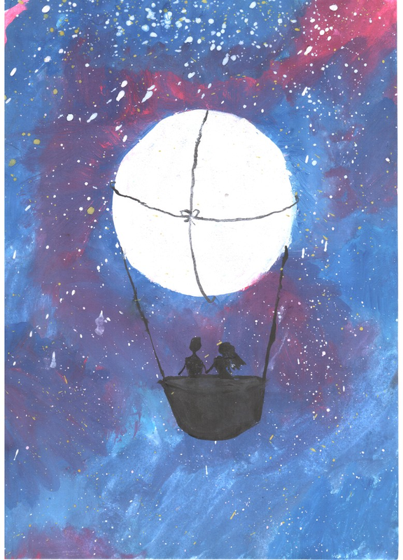 Детский рисунок - На воздушном шаре к звездам