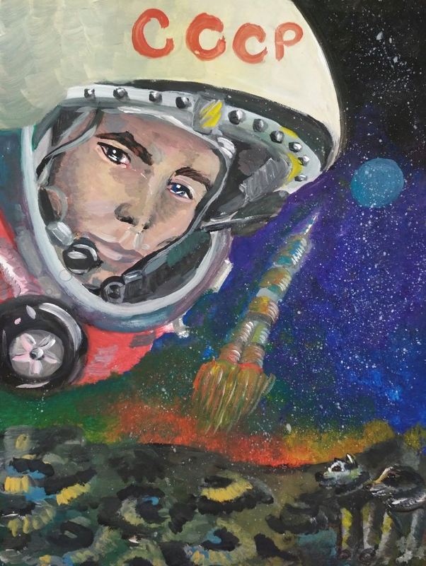 Детский рисунок - Первый полет человека в космос