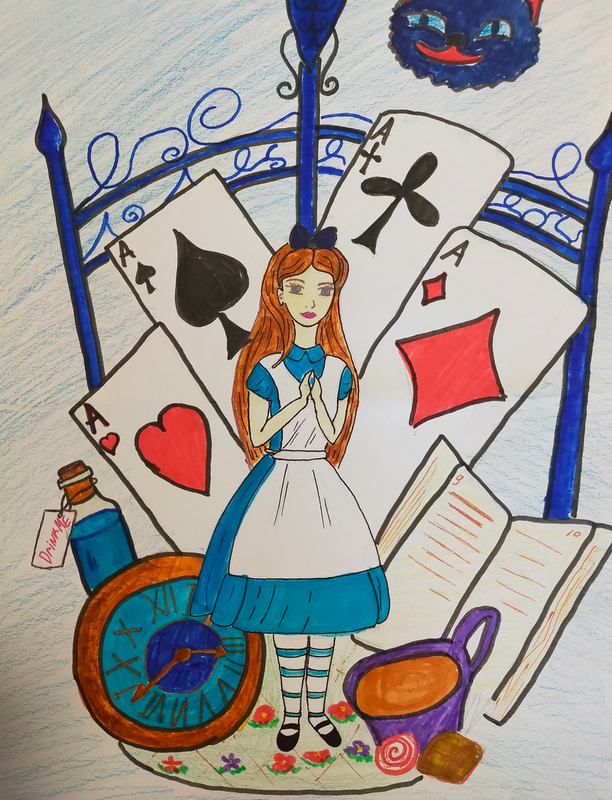 Детский рисунок - Алиса в королевстве карточных Червей