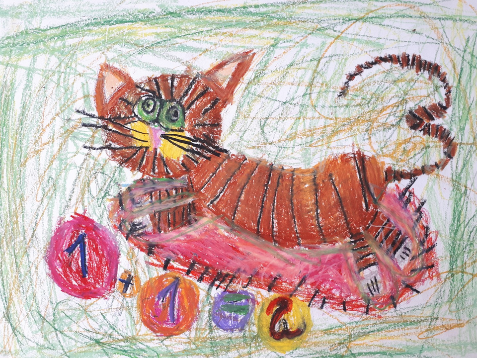 Детский рисунок - Котик изучает математику