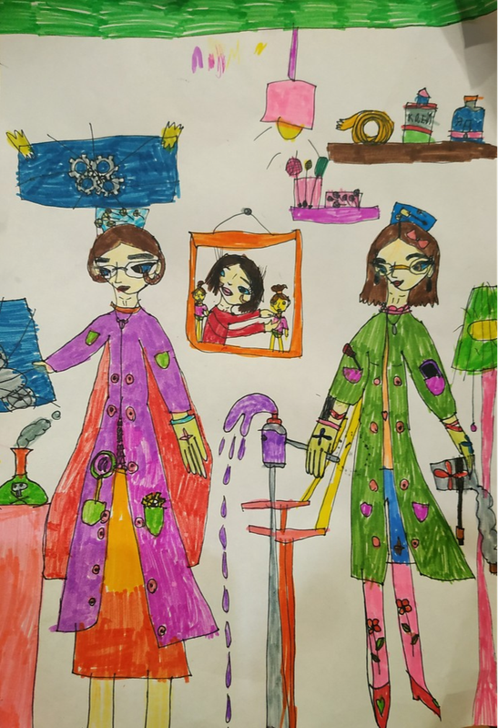Детский рисунок - Девочки-ученые в лаборатории