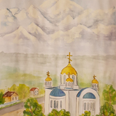 Рисунок "Вид из моего окна на гору Эльбрус и церковь"