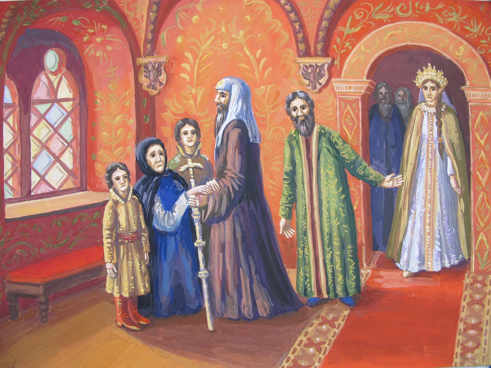 Детский рисунок - Патриарх Иоаким благословляет царицу Наталью Кирилловну и царевичей Петра и Алексея