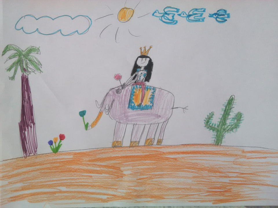 Детский рисунок - Принцесса со слоником собирают цветы