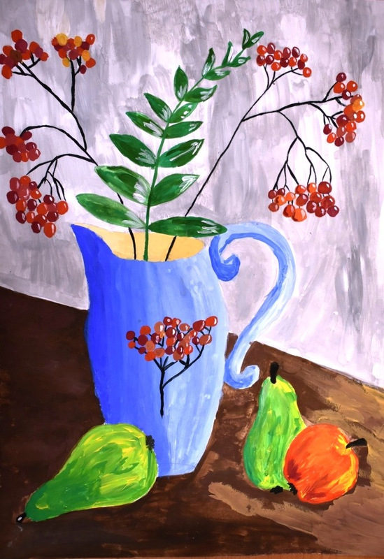 Детский рисунок - Натюрморт с фруктами и рябиной