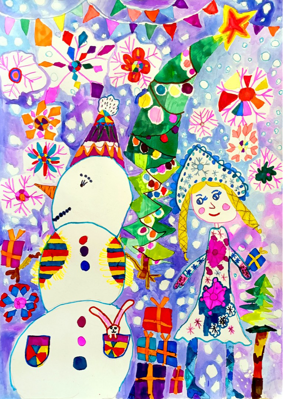 Детский рисунок - Снегурочка и Снеговик