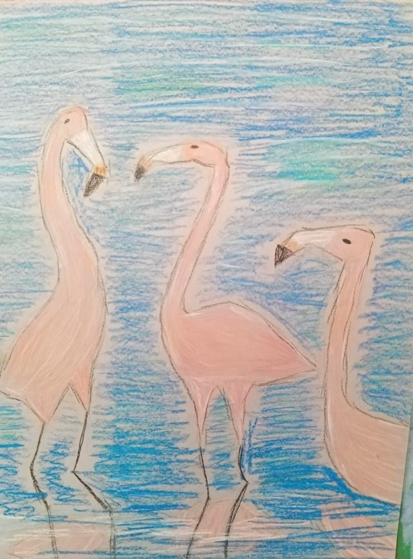 Детский рисунок - Фламинго на озере