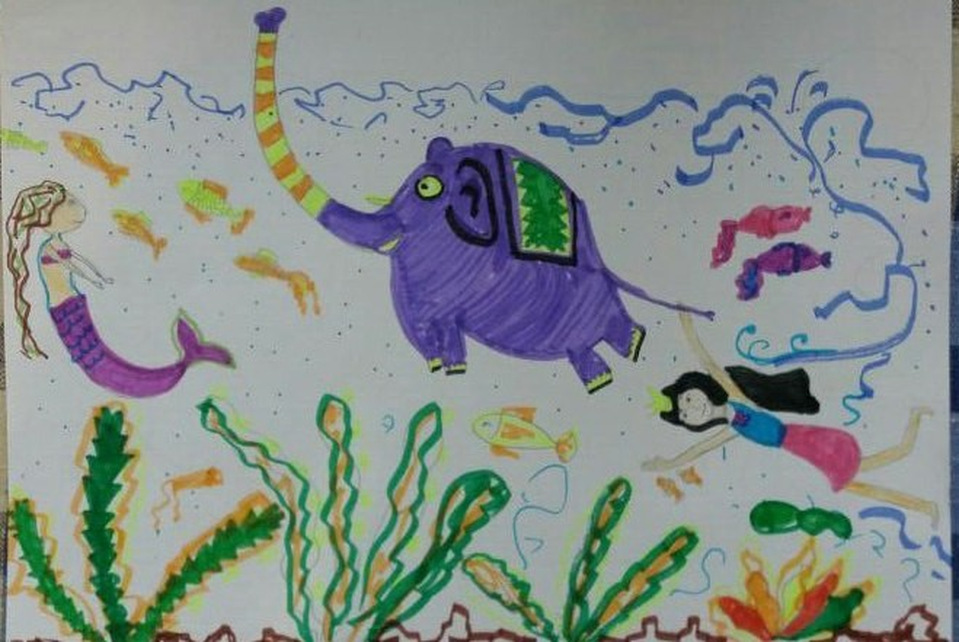 Детский рисунок - Амита и слоник в подводном царстве