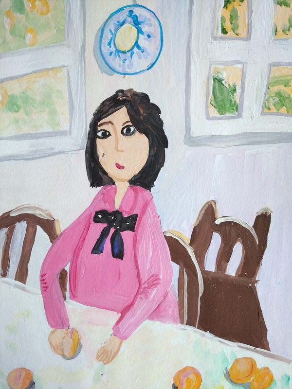 Детский рисунок - девочка с персиками