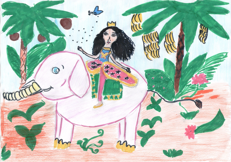 Детский рисунок - Принцесса со слоном