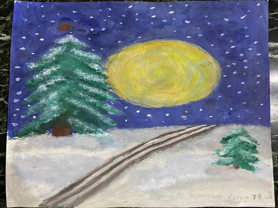 Детский рисунок - Полнолуние в зимнем лесу