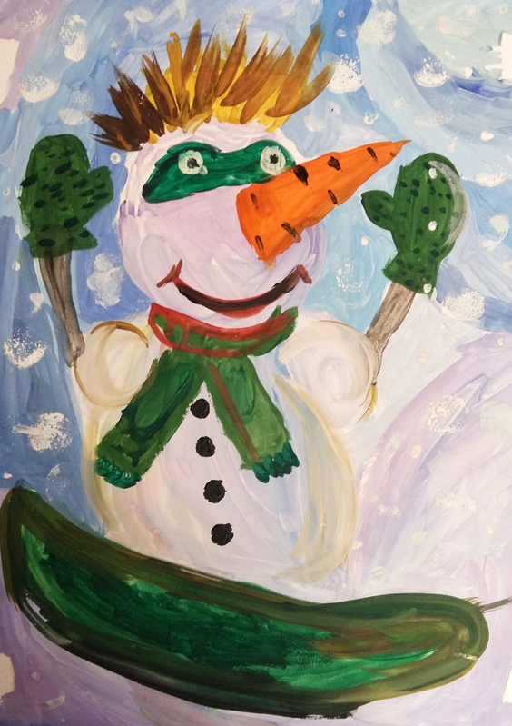 Детский рисунок - Снеговик в маске