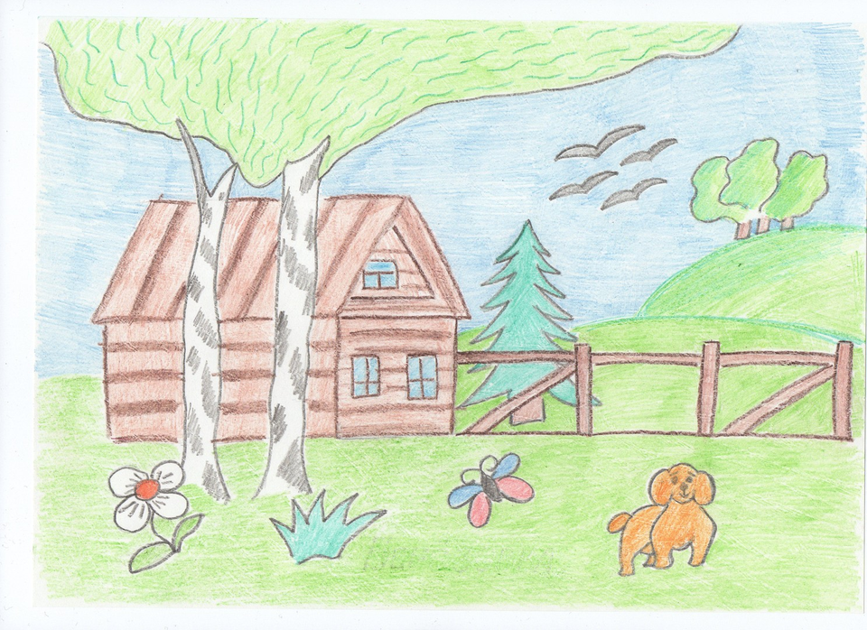 Детский рисунок - дом за околицей
