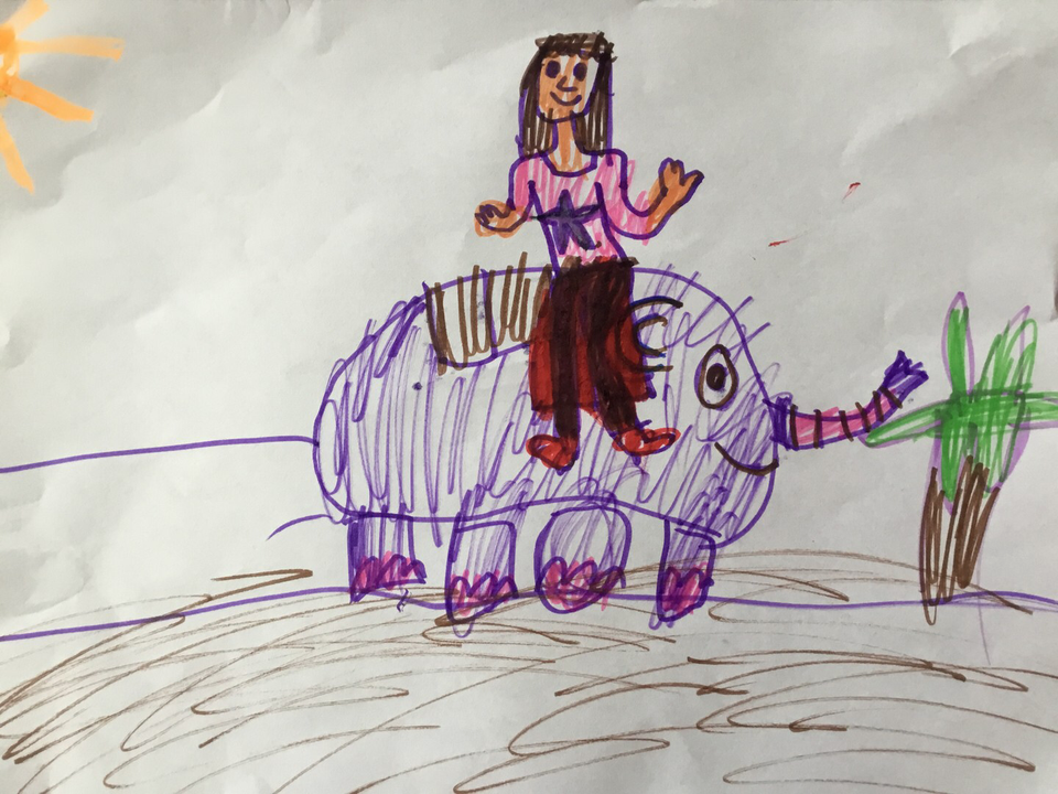 Детский рисунок - Девочка на слонике