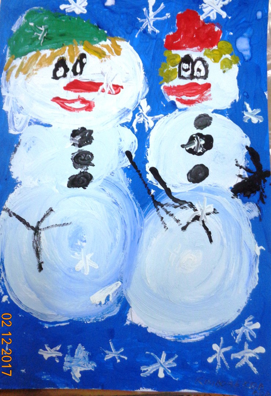Детский рисунок - Веселые снеговики