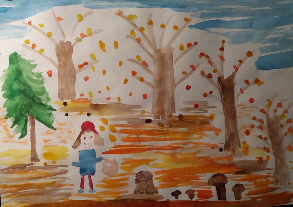 Детский рисунок - Собралась на лужайке грибная семейка