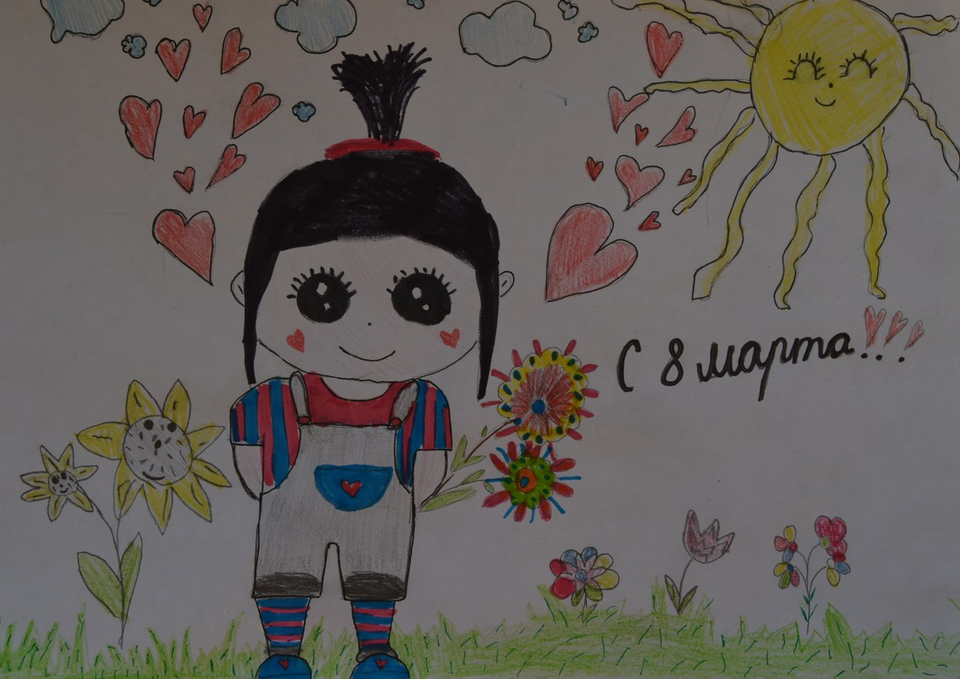Детский рисунок - Девочка с цветами