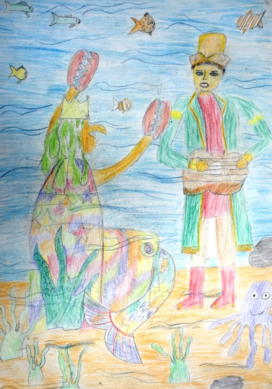 Детский рисунок - Садко и Царь морской