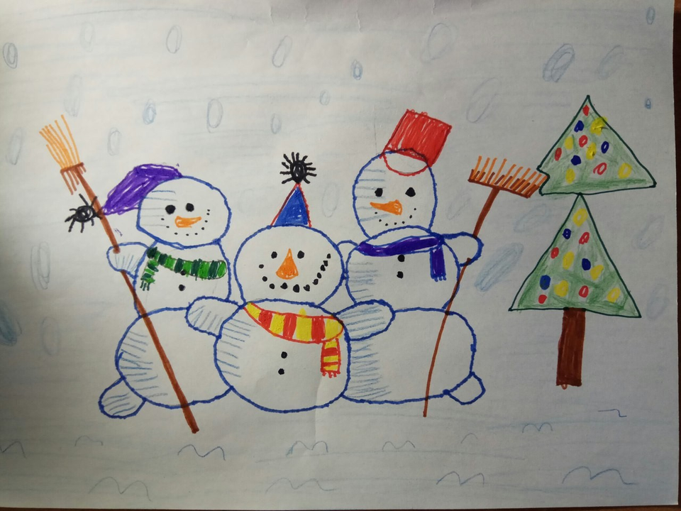 Детский рисунок - Весёлые снеговики