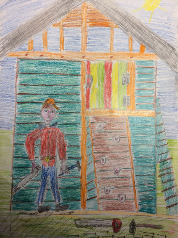 Детский рисунок - Строительство шалаша во время летних каникул на даче