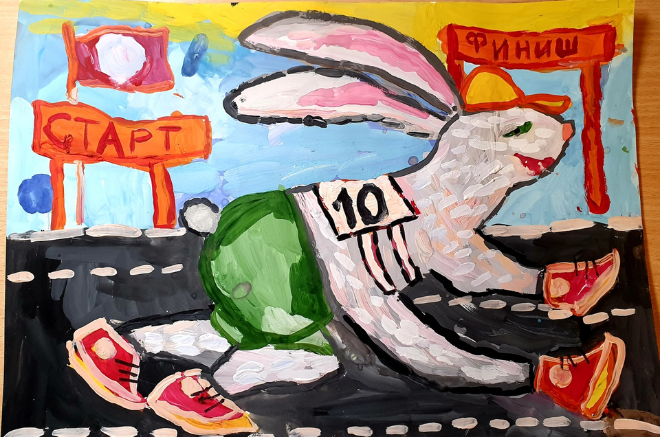 Детский рисунок - Заяц спортсмен