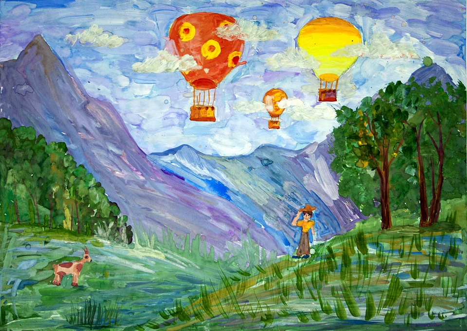 Детский рисунок - На большом воздушном шаре