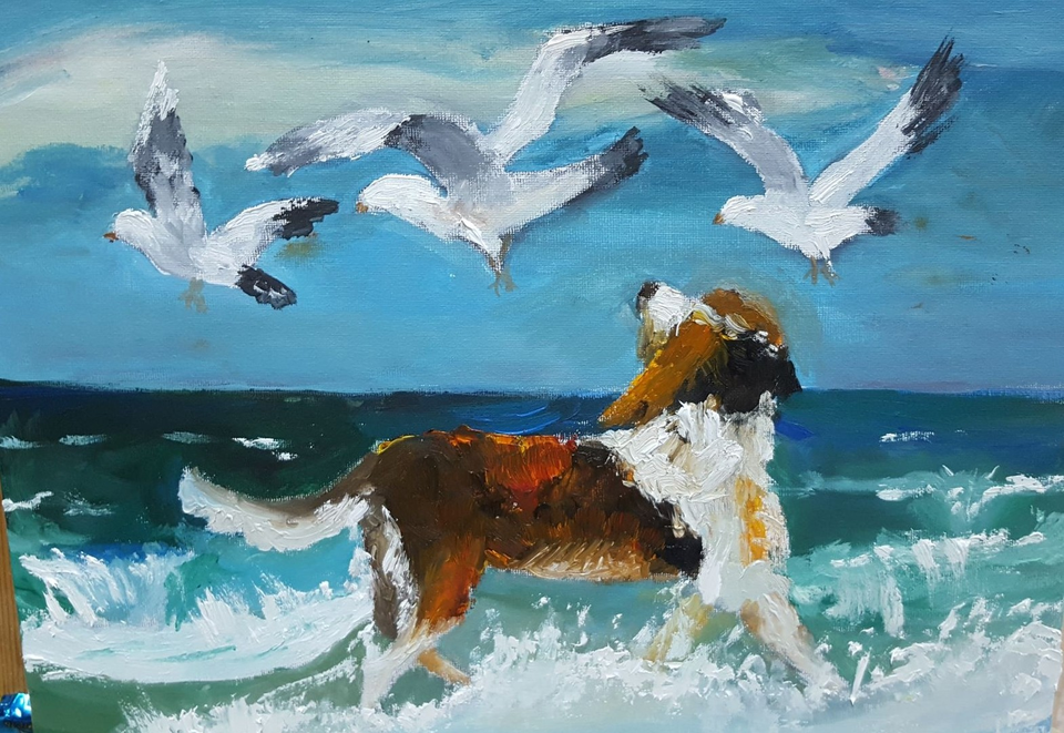 Детский рисунок - Собака и море