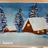 Рисунок "домики среди ёлок зимой"