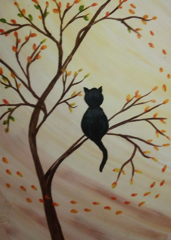 Детский рисунок - Кот на осеннем дереве