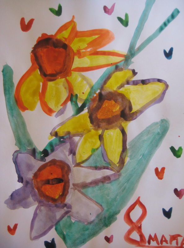 Детский рисунок - Нарциссы на 8 Марта