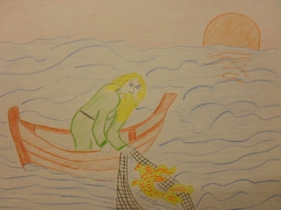 Детский рисунок - Сказка о рыбаке и рыбке