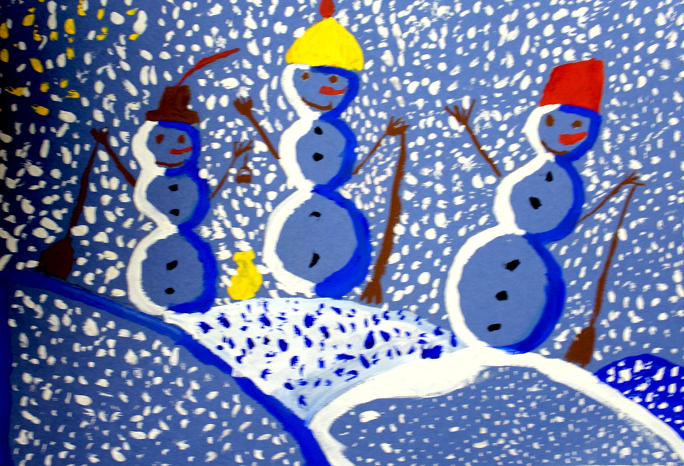Детский рисунок - Весёлые снеговички