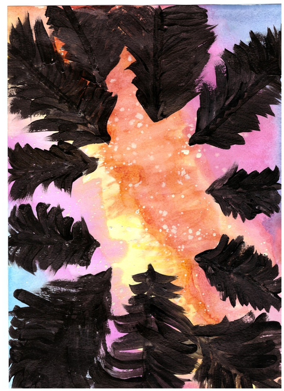 Детский рисунок - Северное сияние над еловым лесом