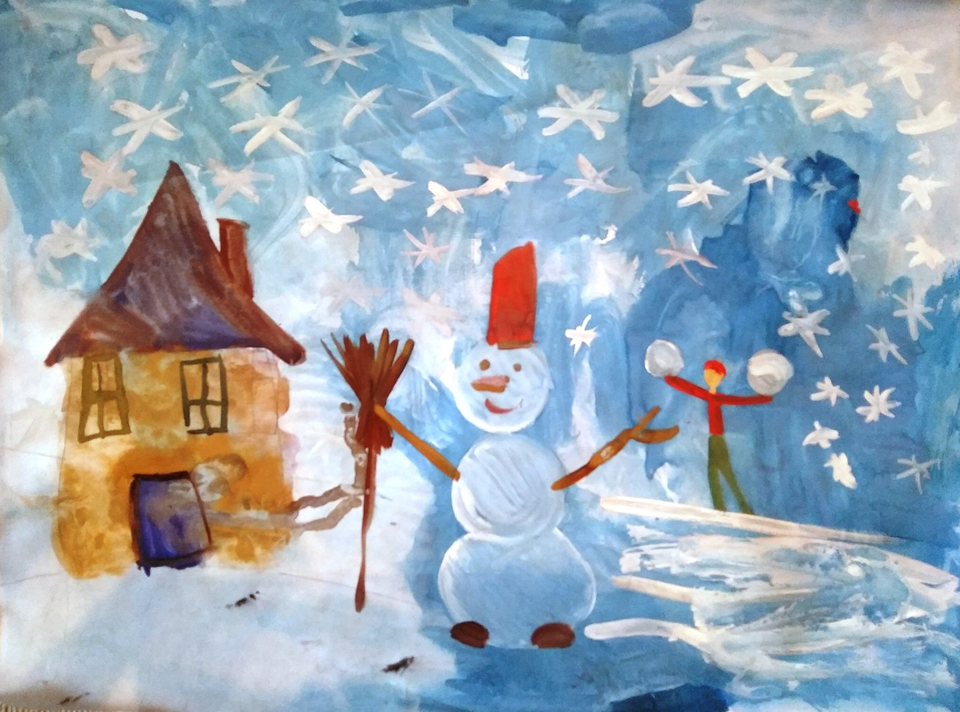 Детский рисунок - Лепим мы снеговика