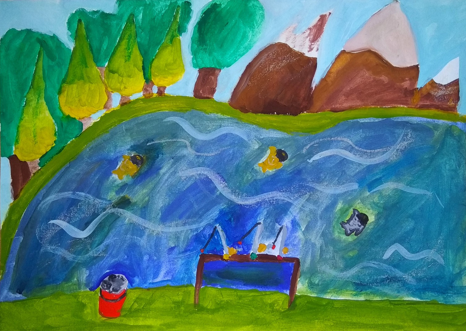 Детский рисунок - Рыбалка у речки