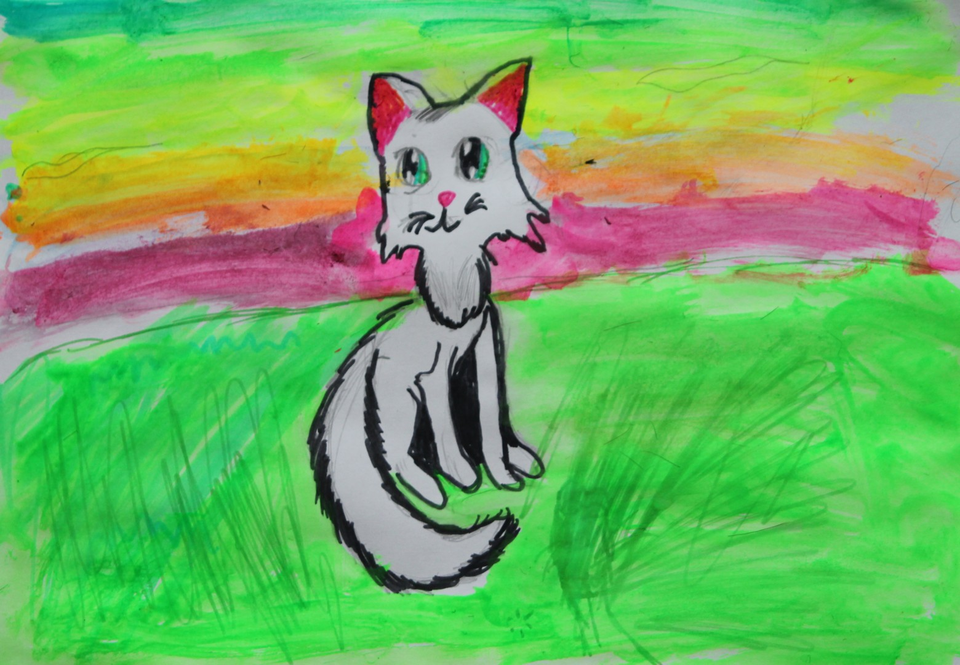 Детский рисунок - весна белого котика