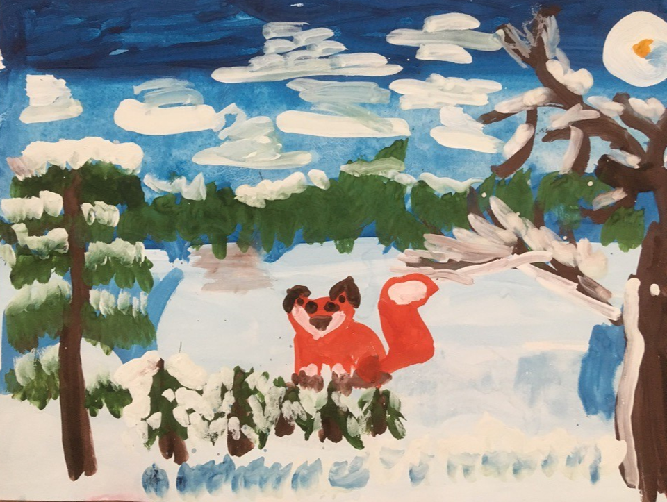Детский рисунок - Лисичка в снежном лесу