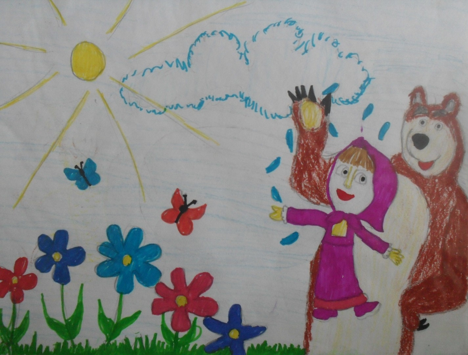 Детский рисунок - Маша и медведь