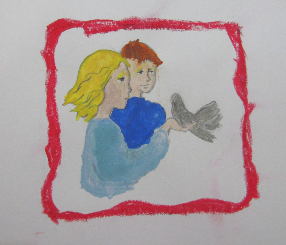 Детский рисунок - Дети и голубь