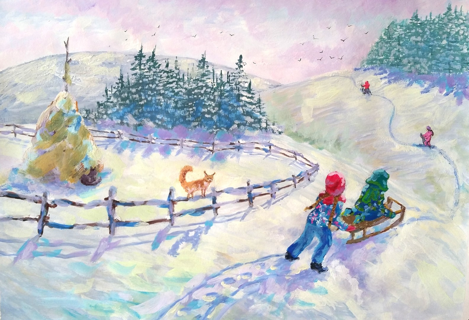 Детский рисунок - Зимняя семейная прогулка на лыжах и санках