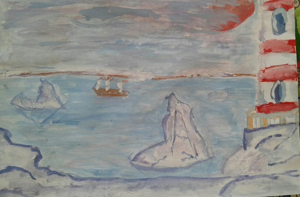 Детский рисунок - парусник в северном море