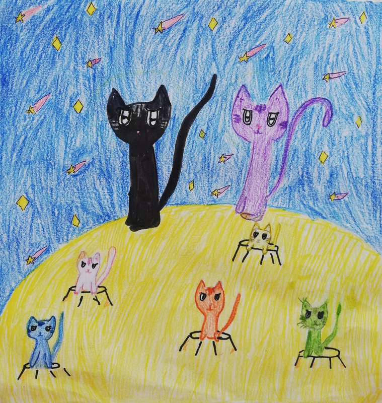 Детский рисунок - Семья космических котят