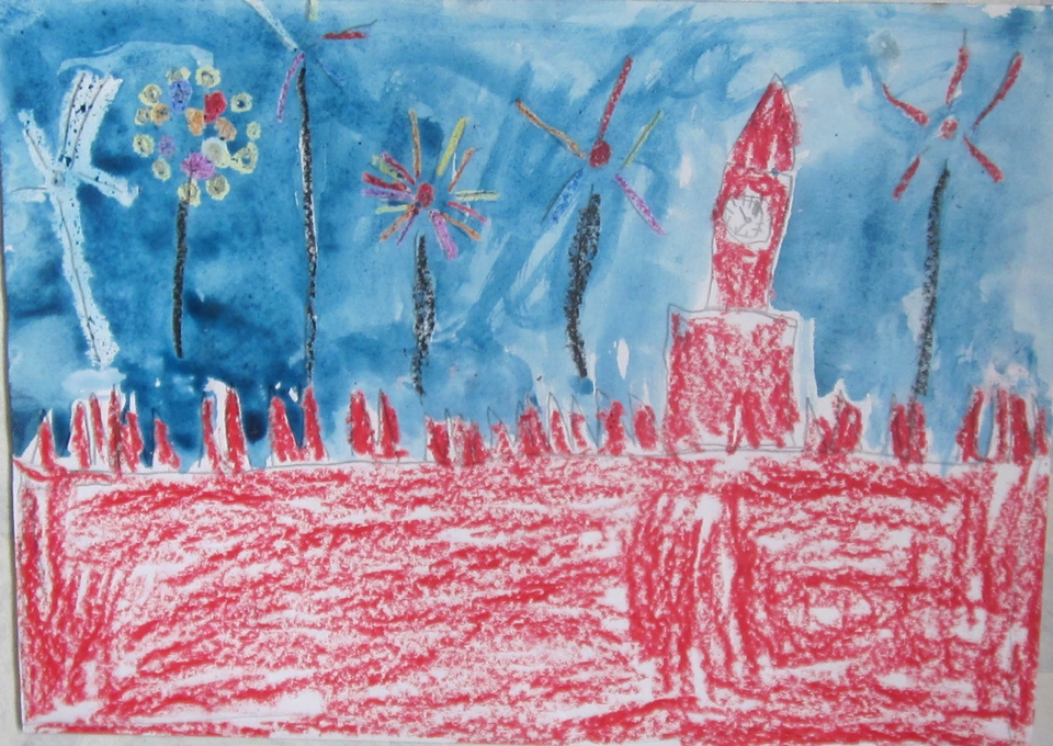 Детский рисунок - Спасская башня Московского Кремля в городе Москва