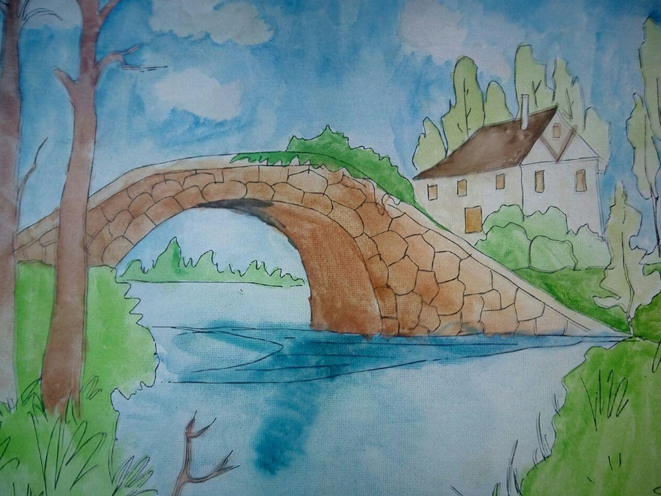 Детский рисунок - Летняя вилла у реки