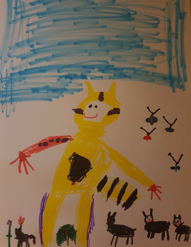 Детский рисунок - Енот и зайцы