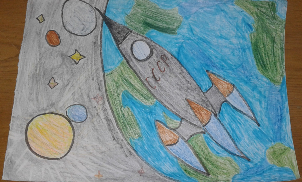 Детский рисунок - Первая ракета СССР в космосе